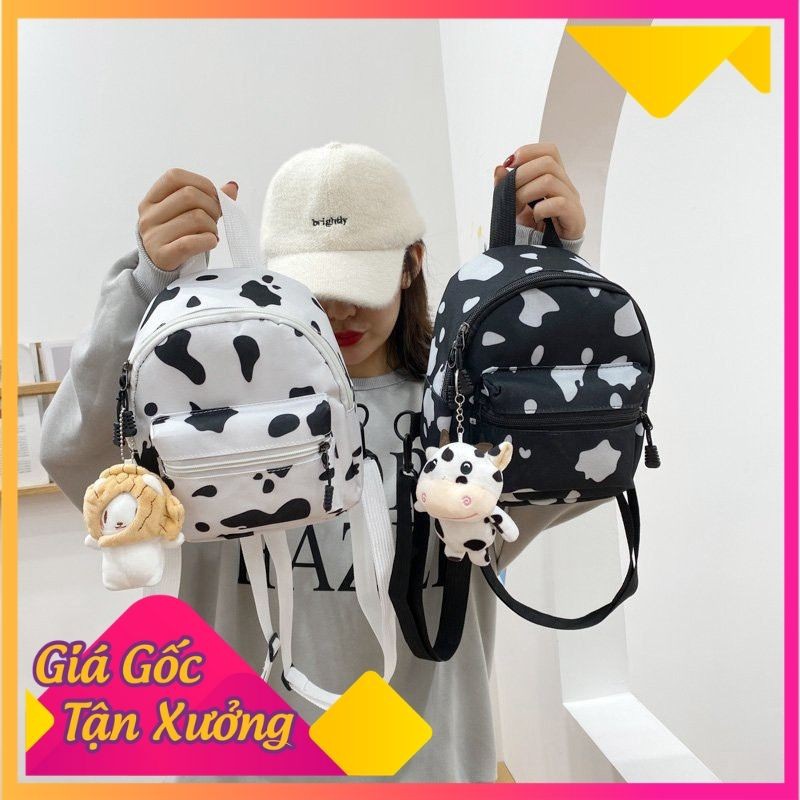 Balo Nữ Mini Thời Trang Hoạ Tiết Bò Sữa Cá Tính Dễ Thương - Nhiều Ngăn Tiện Lợi (không kèm gấu)