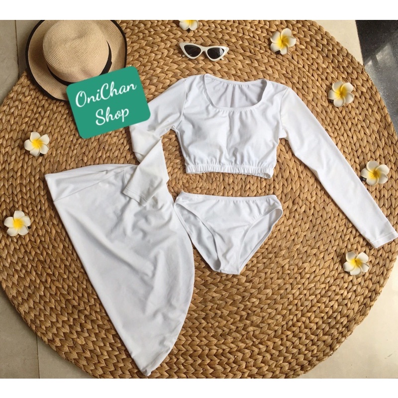 Set Bikini 3 Món Tay Dài Váy Xoắn Eo, Bộ Đồ Bơi 2 Mảnh Đi Biển Ba Màu - OS093