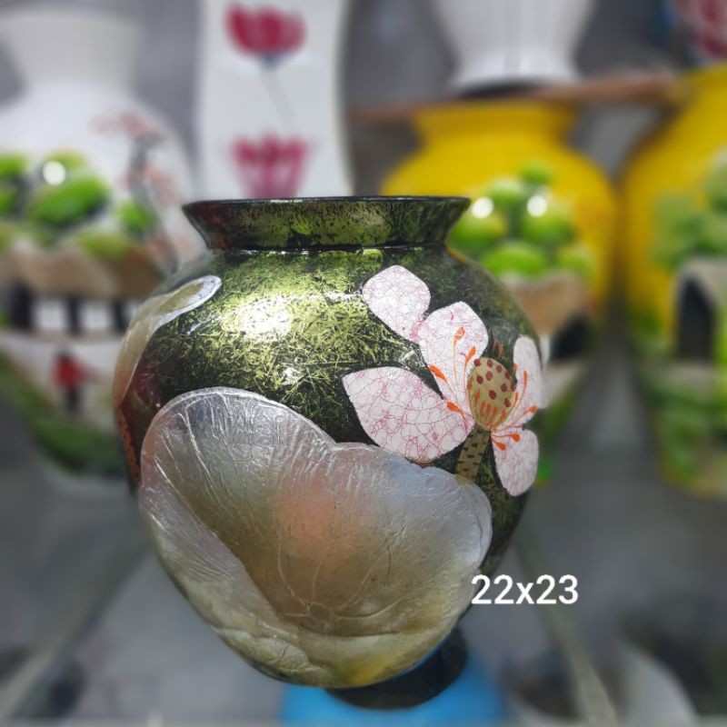 Bình hoa/ lọ hoa gốm Bát Tràng vẽ tay bằng sơn mài khảm bạc - vò cắm hoa decor cao cấp