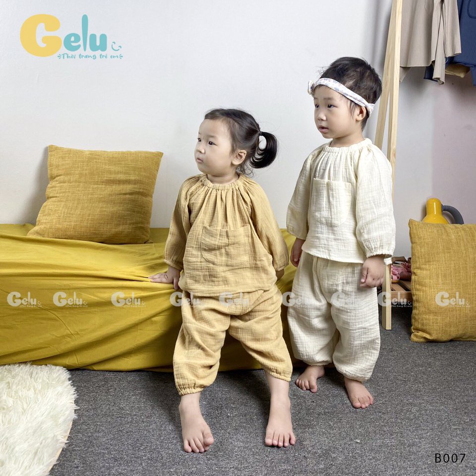 Bộ xô muslin dài tay thu đông thời trang cho bé, bộ đũi trắng kem nâu cho bé trai bé gái GELU KIDS-GLB007