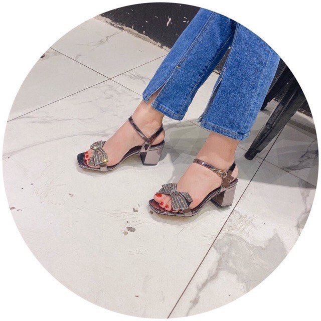 SANDAL GÓT VUÔNG QUAI NƠ ĐÁ 3 MÀU (T5)