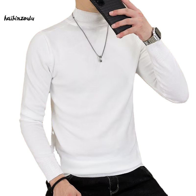 Áo sweater dệt kim HAIBINZOULU tay dài cổ cao màu trắng/đen thời trang cho nam