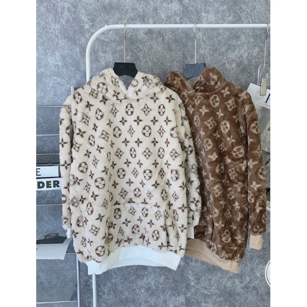 Áo Lông Nữ Ms.7992 Áo Hoodie Dáng Dài Có Mũ Họa Tiết Chữ Cá Tính, Chất Liệu Lông Mịn, Hai Màu Nâu Be