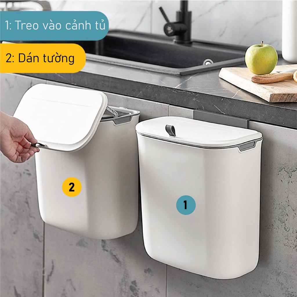 Thùng rác treo tủ bếp SUPO Mart 9L nắp trượt thông minh, thùng rác treo nhà vệ sinh có nắp đậy