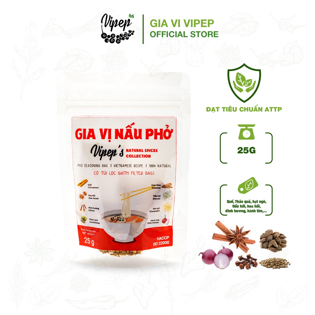 Gói gia vị nấu phở Vipep dùng nấu phở bò, phở gà và bún bò (Vipep chuyên các gia vị tẩm ướp, hữu cơ và gia vị nêm sẵn)