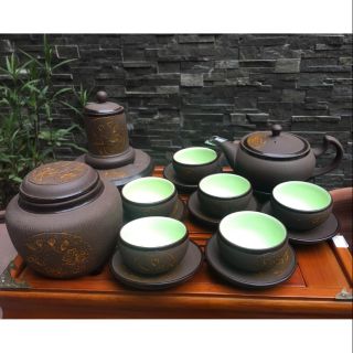 Bộ ấm trà trăng xanh/trăng vàng(Gốm Việt Xuất Nhật)