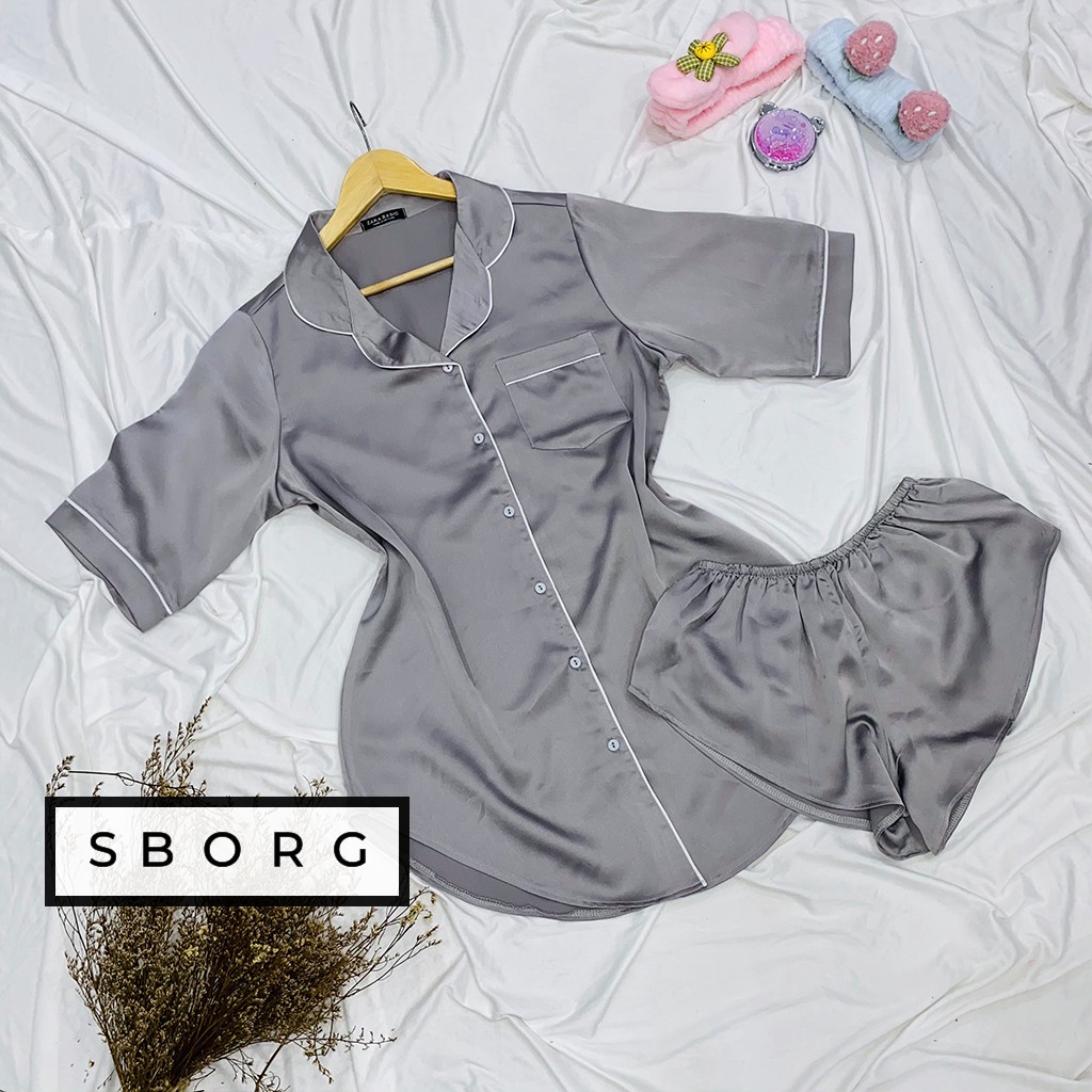 Đồ bộ mặc nhà SBORG bộ ngủ nữ lụa satin cao cấp áo dấu quần quyến rũ tay lửng phối quần đùi ren sexy freesize dưới 62kg