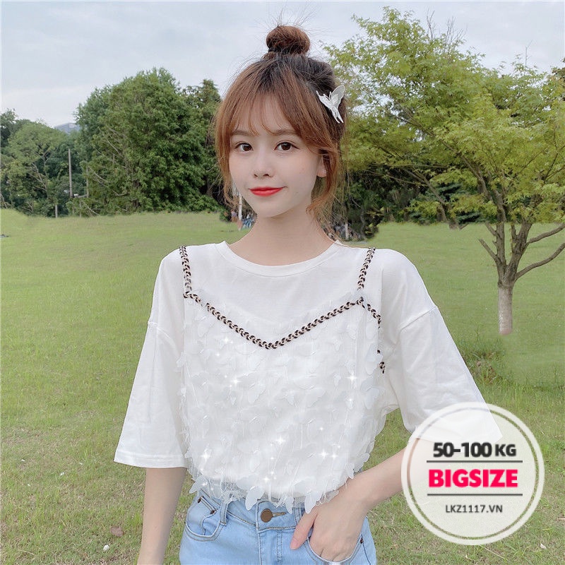 Áo thun Bigsize Áo nữ form rộng Giả Hai tay ngắn cổ tròn mùa hè Phong cách Hàn Quốc Thời Trang tiểu thư cá tính xinh đẹp cho người mập béo