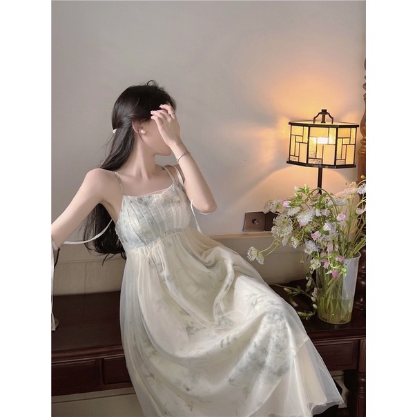 Váy 2 Dây Lưới Dáng Dài Xoè Màu Loang Tiểu Thư