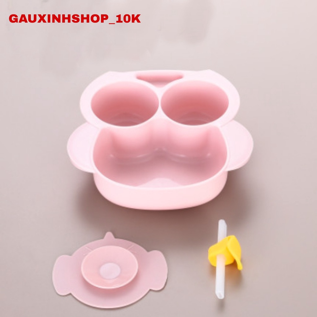 Bộ 4 Dụng Cụ Ăn Dặm Cho Bé Khay,Thìa, Dĩ  Ống Hút, Đế Hút Chân Không, Bát Chia 3 Ngăn Tập Ăn Xúc Đảm Bảo An Toàn Cho Bé
