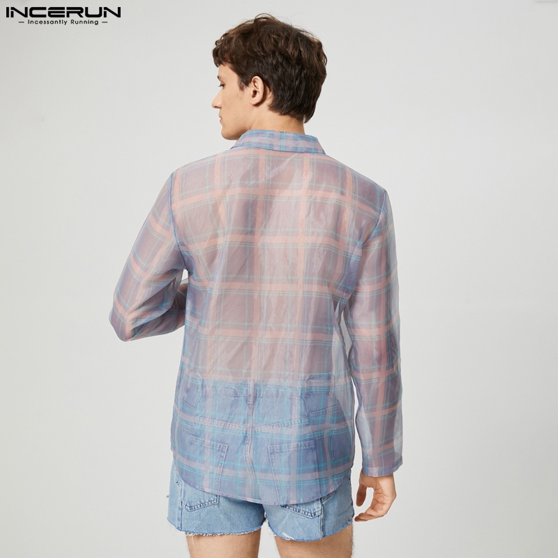 Áo sơ mi INCERUN dài tay nhìn xuyên qua quyến rũ cho nam