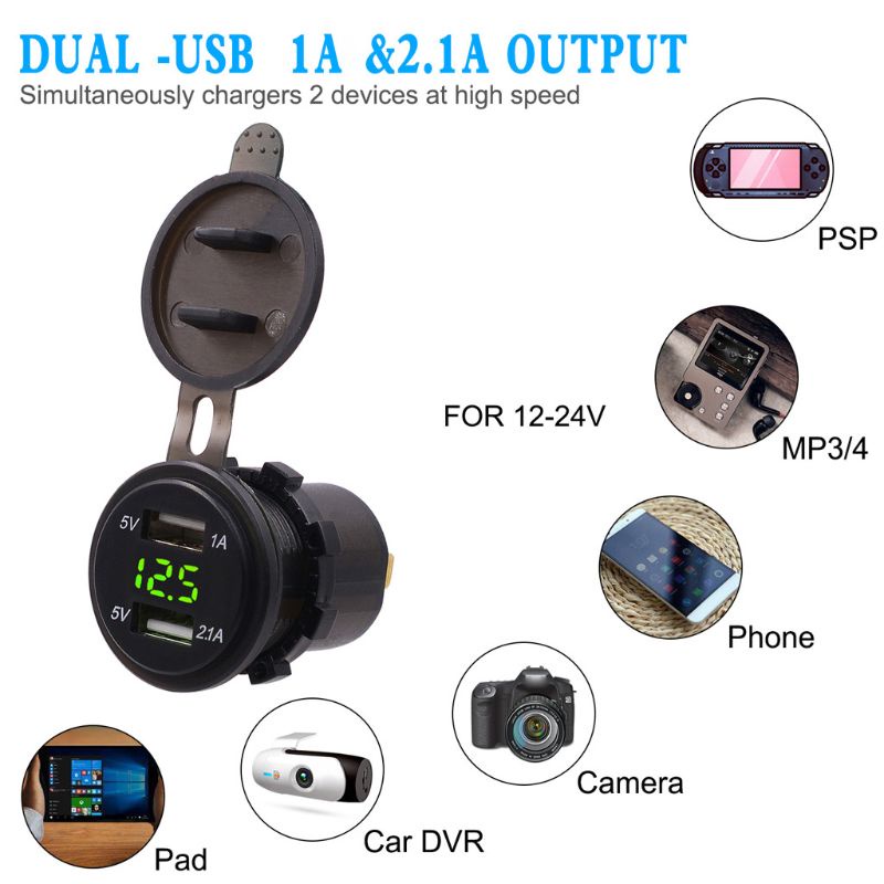Tẩu Sạc Điện Thoại Hai Cổng Usb 12v 24v 2.1a Có Đèn Led Cho Xe Hơi / Xe Tải / Tàu Thuyền / Xe Máy / Tàu Thuyền