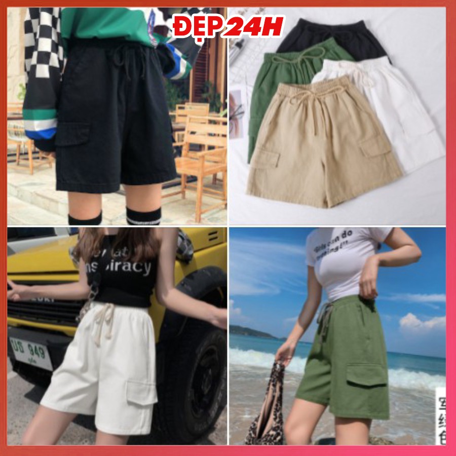 Quần short kaki nam nữ có nắp túi, quần đùi unisex Đẹp 24 giờ, ống rộng thoải mái, nhiều màu sắc QH.50