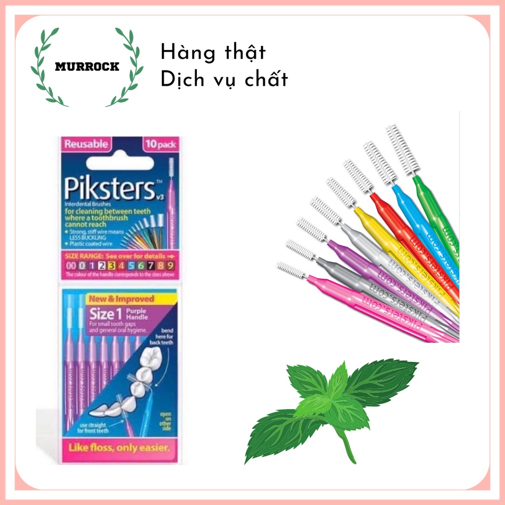 Bàn chải kẽ răng loại thẳng Piksters UK Anh Quốc hộp 10 cây