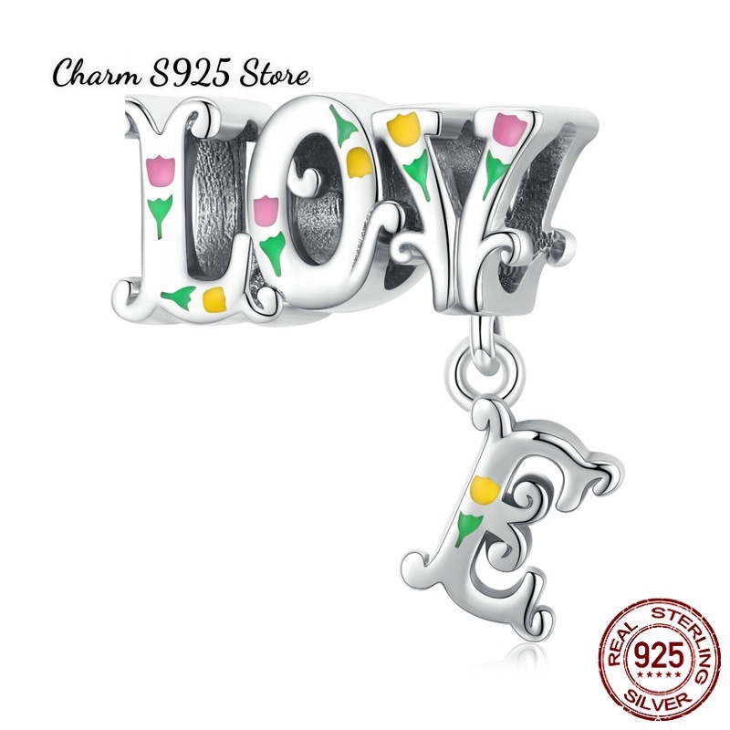 CHARM XỎ NGANG LOVE HOA LÁ BẠC S925 CAO CẤP HÀNG HÃNG