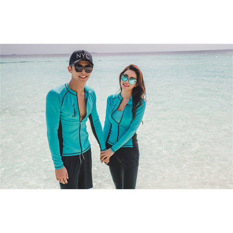 Bộ đồ bơi đôi đi biển nam và nữ áo dài tay màu xanh | WebRaoVat - webraovat.net.vn