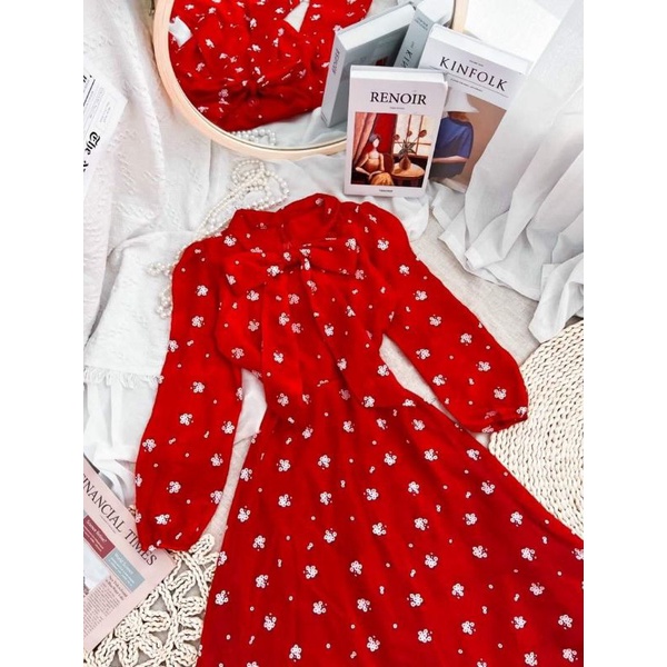 ĐẦM MIDI HOA ĐỎ NƠ CỔ