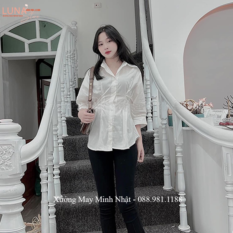 Áo sơ mi trắng nữ chiết eo tay lỡ phồng bồng xếp ly tôn dáng cổ V bẻ vải mềm cho sinh viên mặc đi học sinh làm công sở