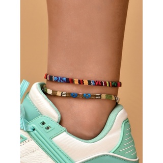 Vòng tay kiêm lắc chân tình bạn bằng vải màu sắc cầu vồng phong cách giản dị dành cho nữ