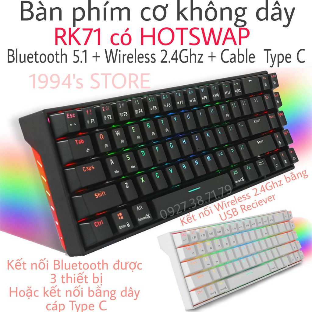 RK71 PRO GAMING - HOTSWAP - Bàn phím cơ Led RGB Bản Version 4.0 - Wireless 2.4Ghz - Bluetooth 5.1 - Cáp Type C - HOTSWAP