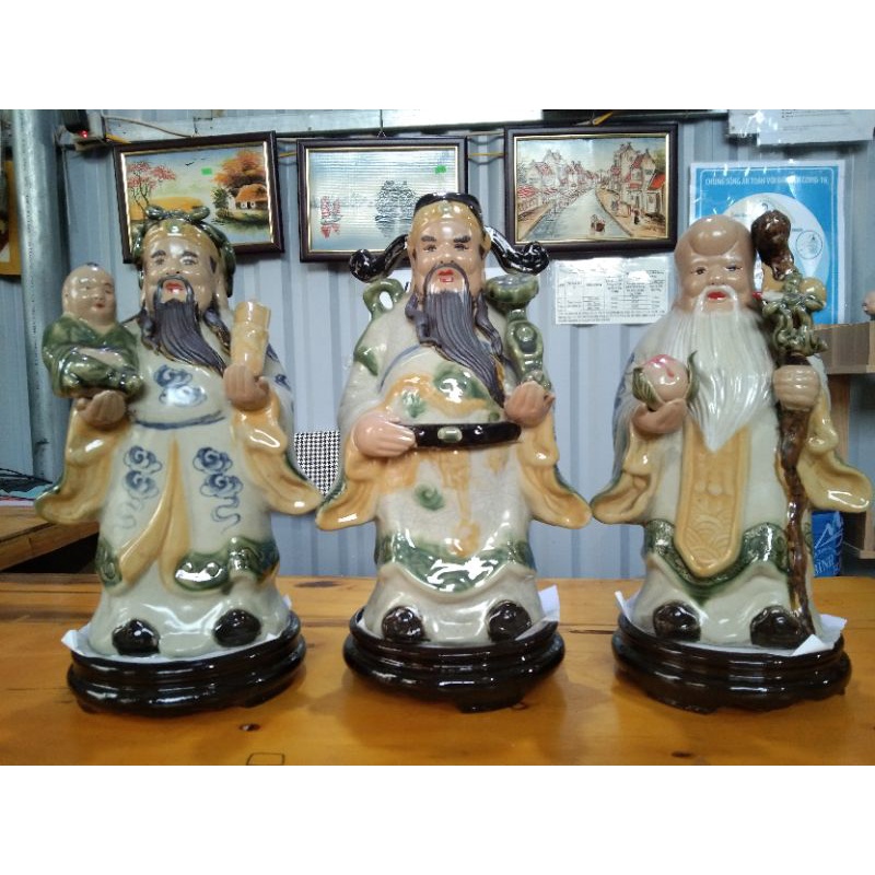 Tượng PHÚC LỘC THỌ Bát Tràng men rạn cao 30cm tặng đế