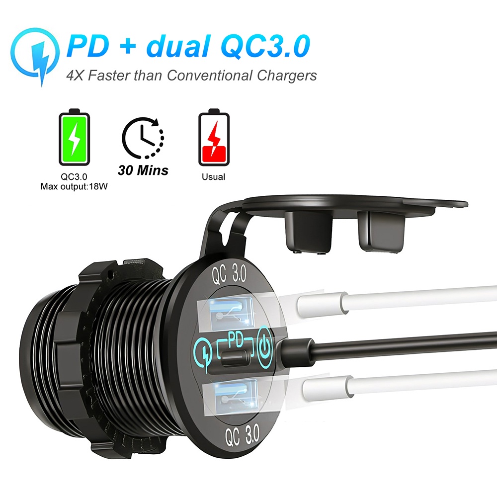Tẩu sạc nhanh PECHAM QC3.0 3 cổng USB 12V-24V 45W có công tắc cho tàu thuyền