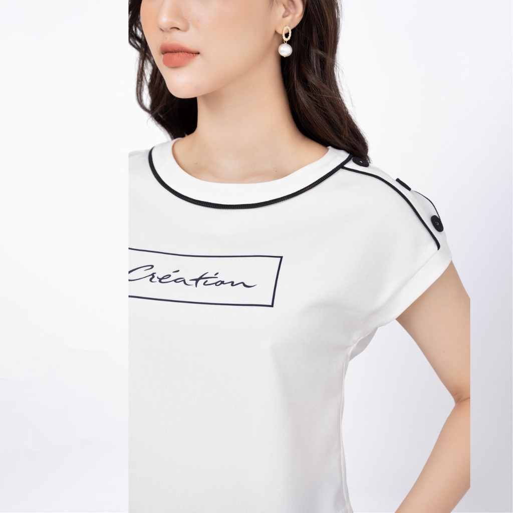Áo sơ mi nữ dáng croptop suông kẹp lé phối lưới viền cổ vai đính cúc trang trí FIONA F552150