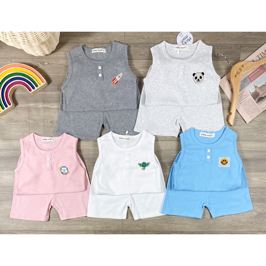 [SALE] Bộ Ba Lỗ Bé Gái, Bé Trai Minky Mom Vải Cotton Borip Trơn Thêu Ngực, Áo Thun 3 Lỗ Cho Bé Mặc Hè MKM3LO2206