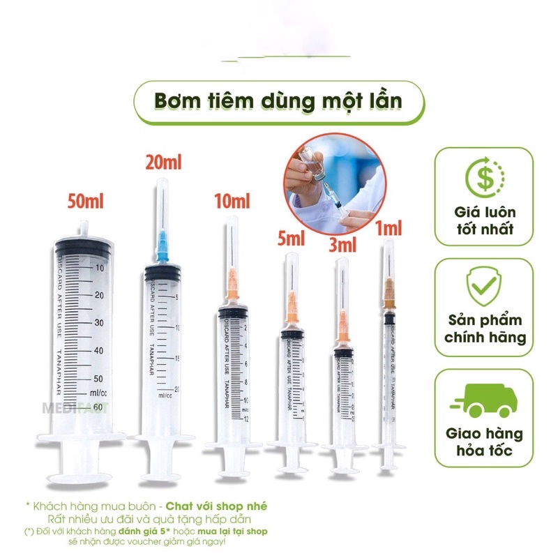 ❤ Bơm tiêm Ống kim chích  vô trùng Tanaphar BƠM KIM TIÊM 1cc/ml 3cc/ml 5cc/ml 10cc/ml 20cc/ml 50cc/ml