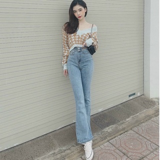 Quần ống loe jean (bò) lưng siêu cao, bảng lưng (cạp) to hàng vnxk