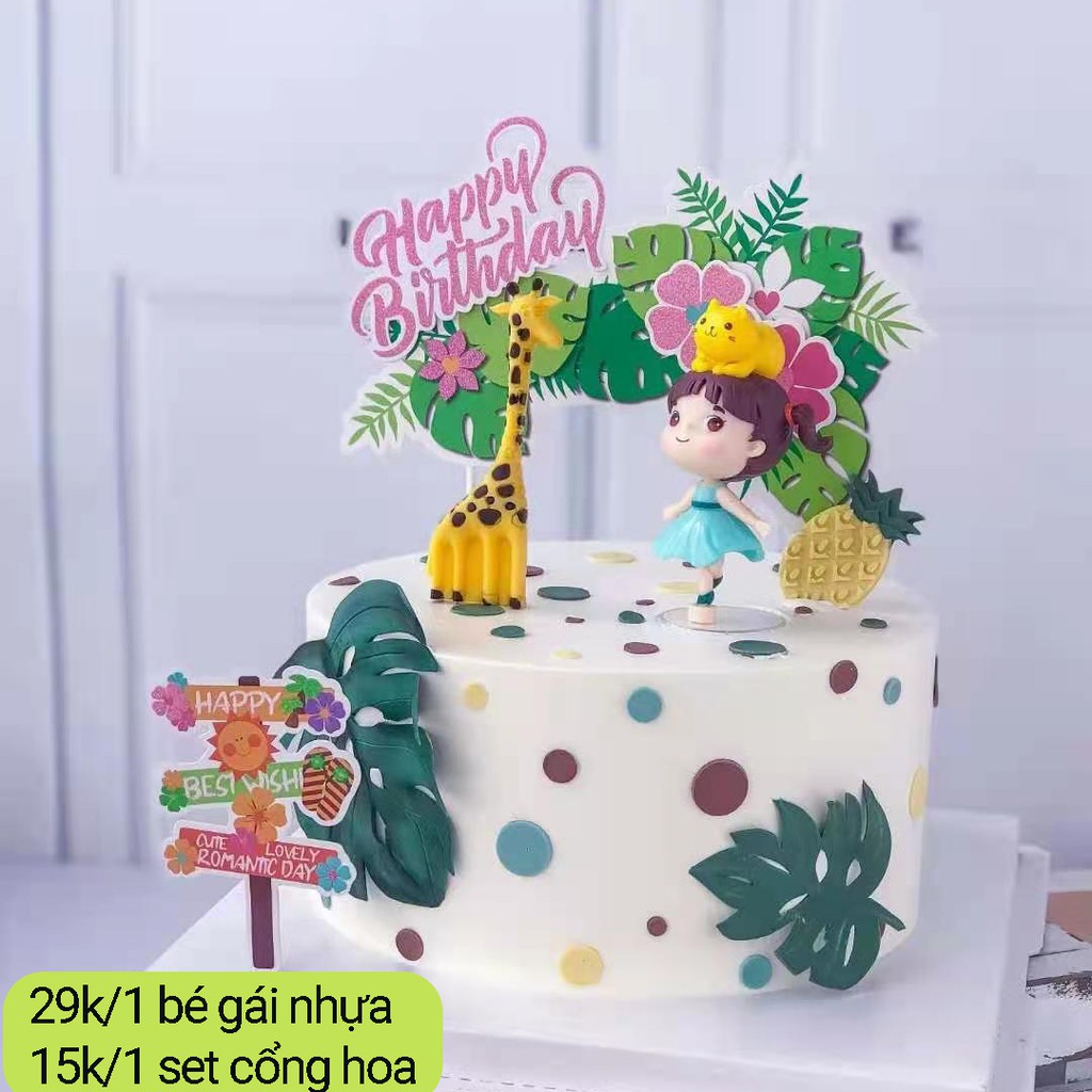 Set cổng hoa trang trí bánh chữ hpbd hồng cành cây xanh