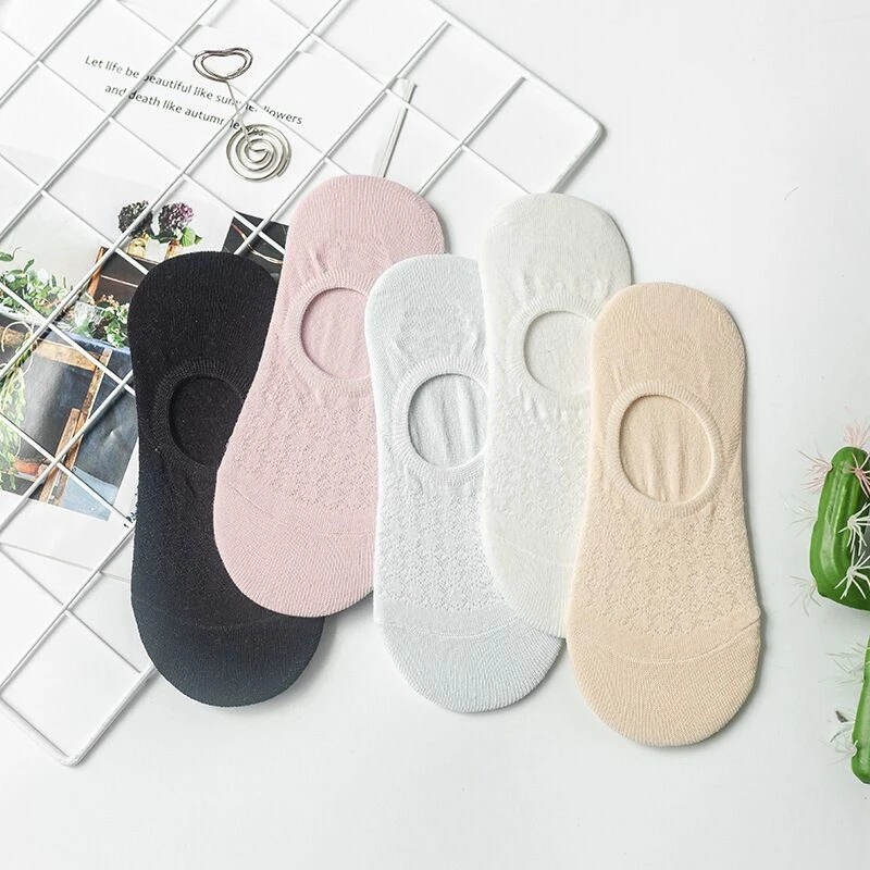 Đôi vớ lưới cotton cổ thuyền thoáng khí màu sắc đơn giản cho nữ