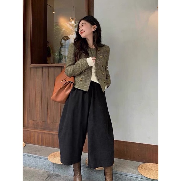 Áo khoác dạ tweed cổ điển 2 hàng cúc retro phong cách Hàn Quốc