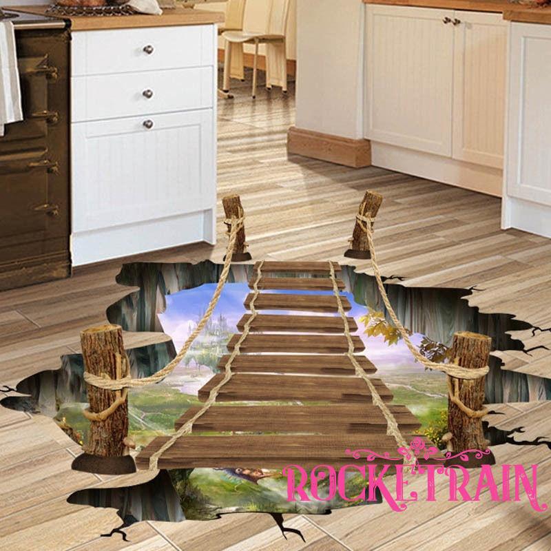 Đề can dán tường dạng cây cầu gỗ 3D độc đáo phong cách