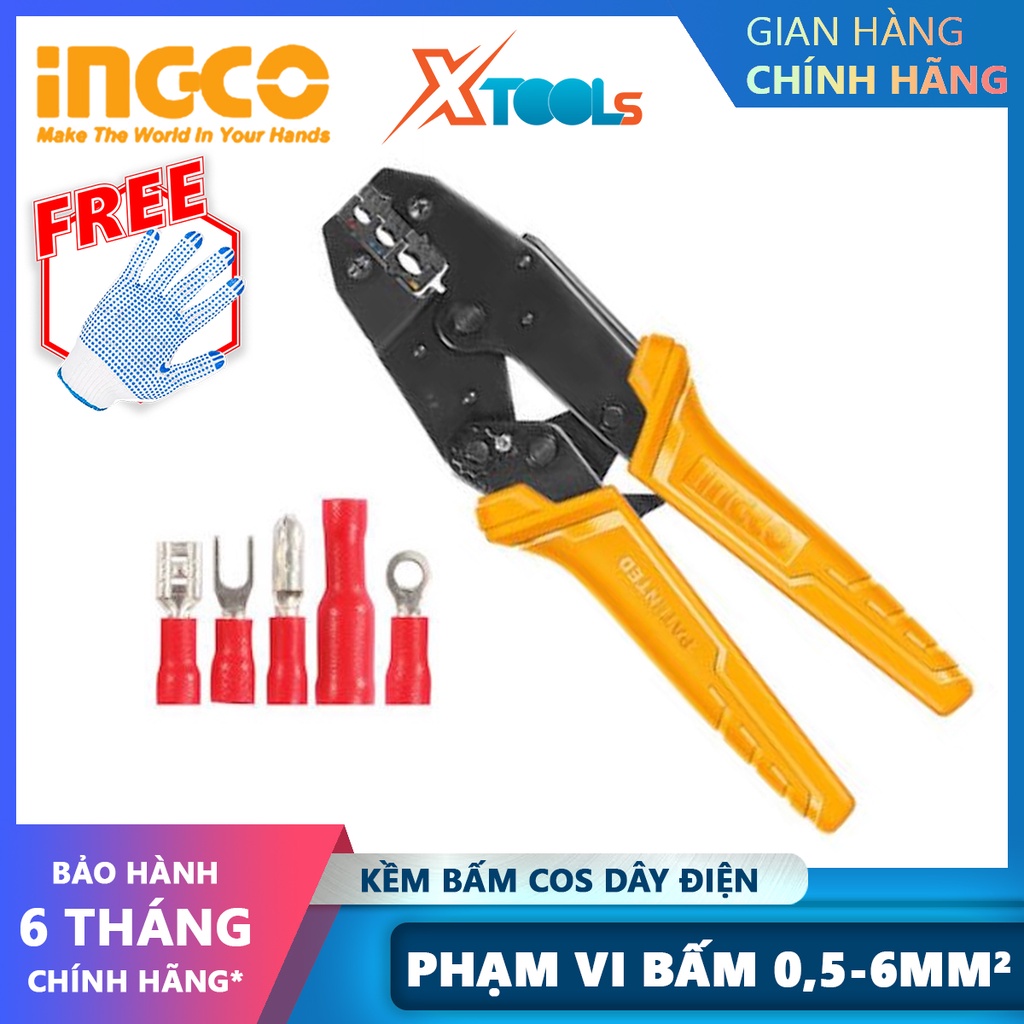 Kềm bấm cos dây điện INGCO HRCPJ0506 | Kìm cắt tuốt kem bánh cóc Chiều dài: 9 &quot; Phạm vi bấm: 0,5-6mm², Cách điện AWG: 20