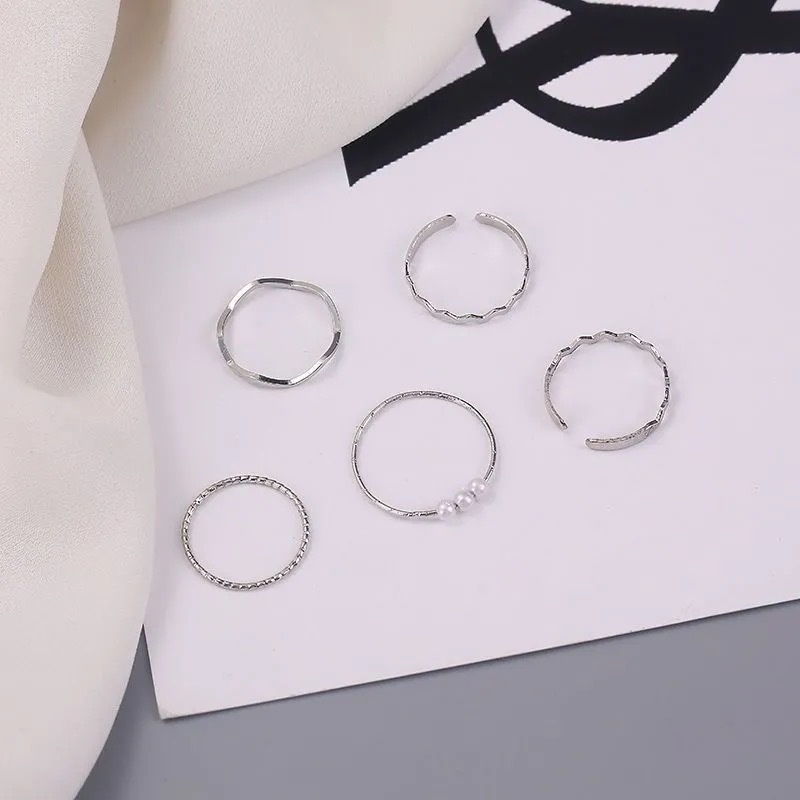Set 5 nhẫn thiết kế đơn giản đính ngọc trai giả phong cách Hàn Quốc thời trang cho nữ