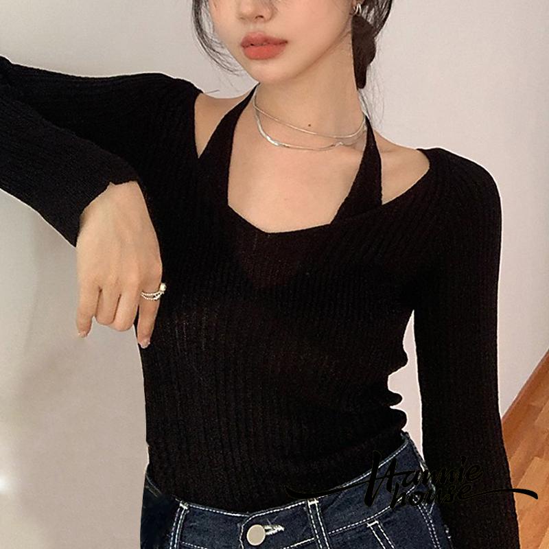 Áo len chui đầu cổ yếm chữ V tay dài màu trơn phong cách thường ngày dành cho bạn nữ
