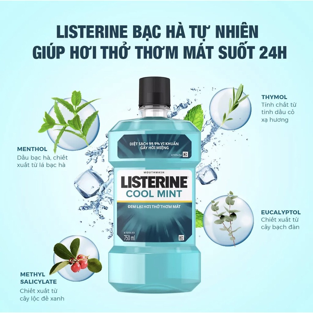 Nước súc miệng Listerine Cool Mint diệt khuẩn giữ hơi thở thơm mát dài lâu