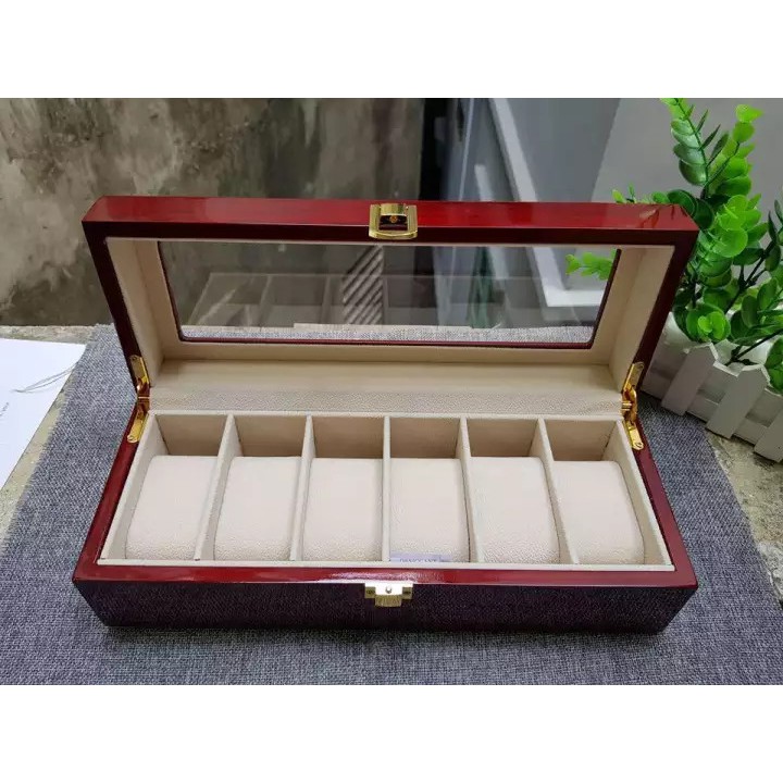 Hộp đựng đồng hồ 🔥FREESHIP🔥 Khay đựng 6 đồng hồ bằng gỗ màu đỏ đun - SKW40