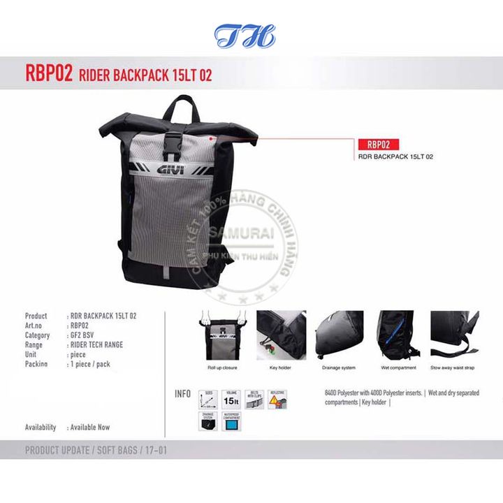 Balo chống nước givi RBP02 15L - hàng chính hãng bảo hành 2 năm