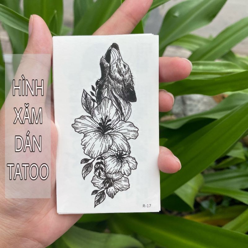 Hình xăm hoa đơn sắc + sói tru r17. Tatoo dán size 10x6cm