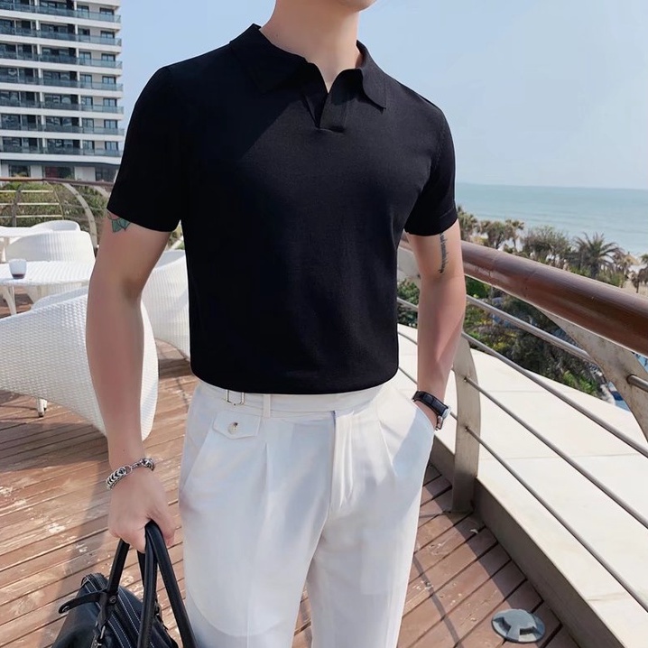 Áo Thun Polo Ngắn Tay Nam Bằng Lụa Lạnh Trơn Thiết Kế Đơn Giản Phong Cách Hàn Quốc Thời Trang Cho fashion áo phông nam áo ngắn tay có cổ