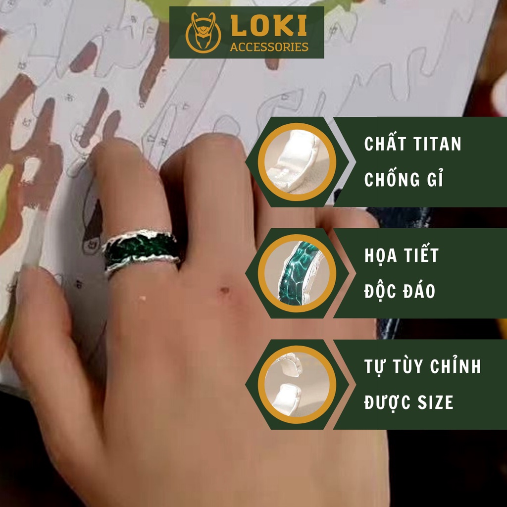 Nhẫn nam nữ tròn Loki Accessories màu bạc thời trang unisex chất Titan đẹp đơn giản không gỉ - Nhẫn Green