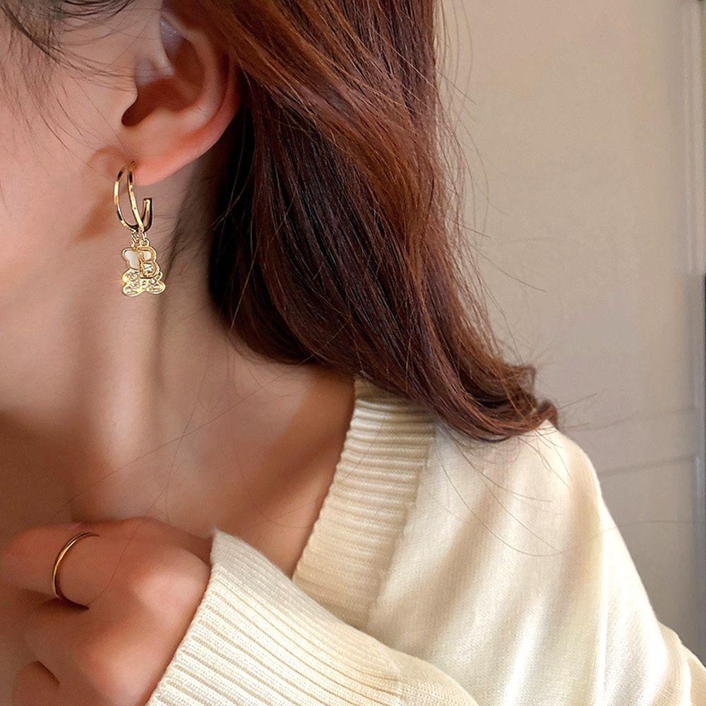 Bông Tai Hình Gấu Đính Kim Cương Giả Tinh Tế Cho Nữ|Khuyên Tai Ngọc Trai Nơ