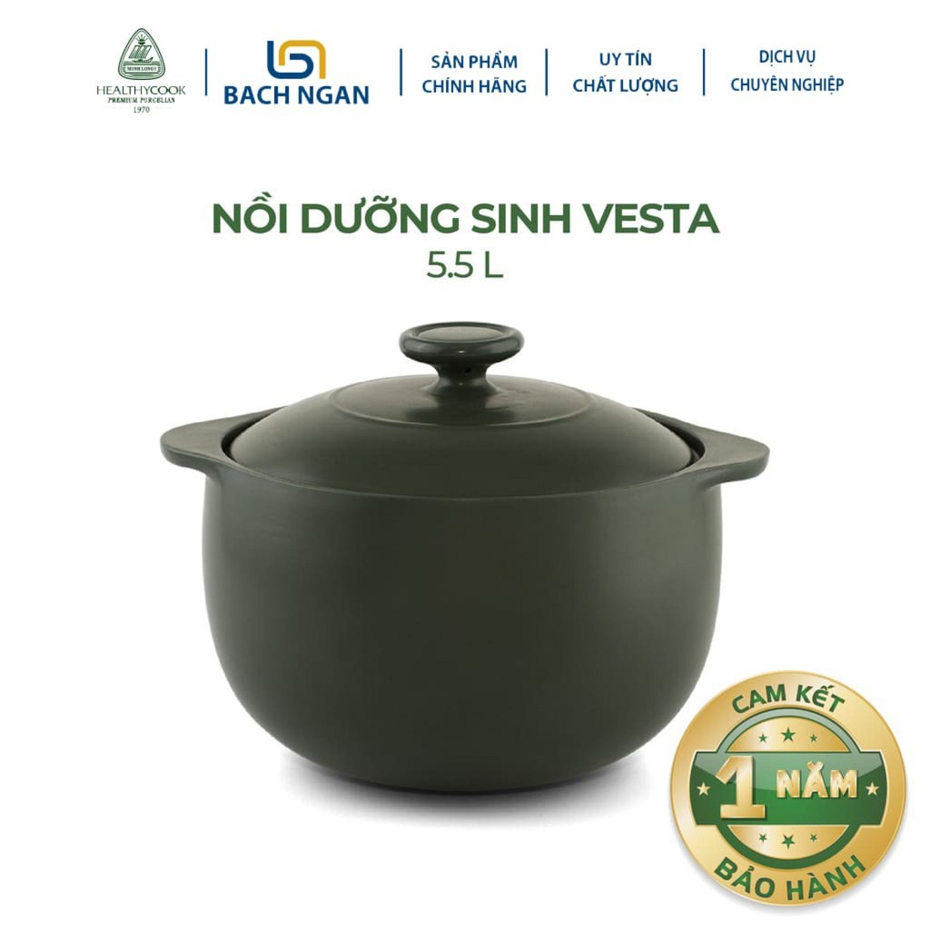 Nồi sứ dưỡng sinh Minh Long Vesta 5.5 L dùng cho Bếp Ga, Hồng Ngoại, có nắp đậy, có thể kho cá, hầm cháo - nồi đất