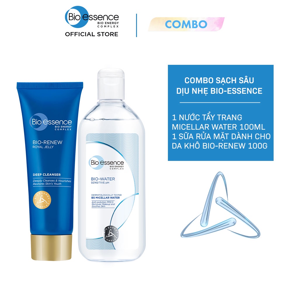 Combo sạch sâu Bio-Essence(Nước tẩy trang BioWater Micellar Water 100ml+Sữa rửa mặt dưỡng da BioRenew sữa ong chúa 100g)