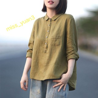 Đầu Thu Văn Học Thường Ngày Rời Thường Ngày Màu Trơn Cotton Áo Sơ Mi Nữ Ve Áo Dài Tay Quần Áo Nữ