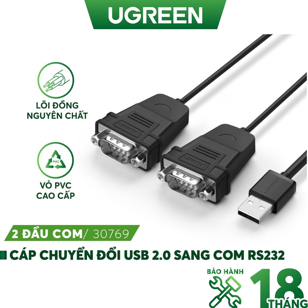 Cáp chuyển đổi UGREEN US229 USB 2.0 sang COM RS232 đầu đực, chuẩn DB9, dài 1.5m