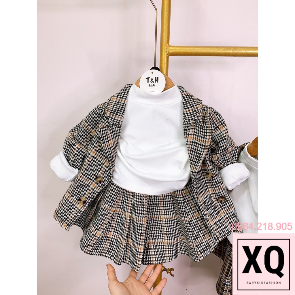 Set váy dạ kẻ caro 3 chi tiết cho bé gái, Áo khoác dạ ngoài, chân váy kẻ caro, áo dài tay len thời trang trẻ em