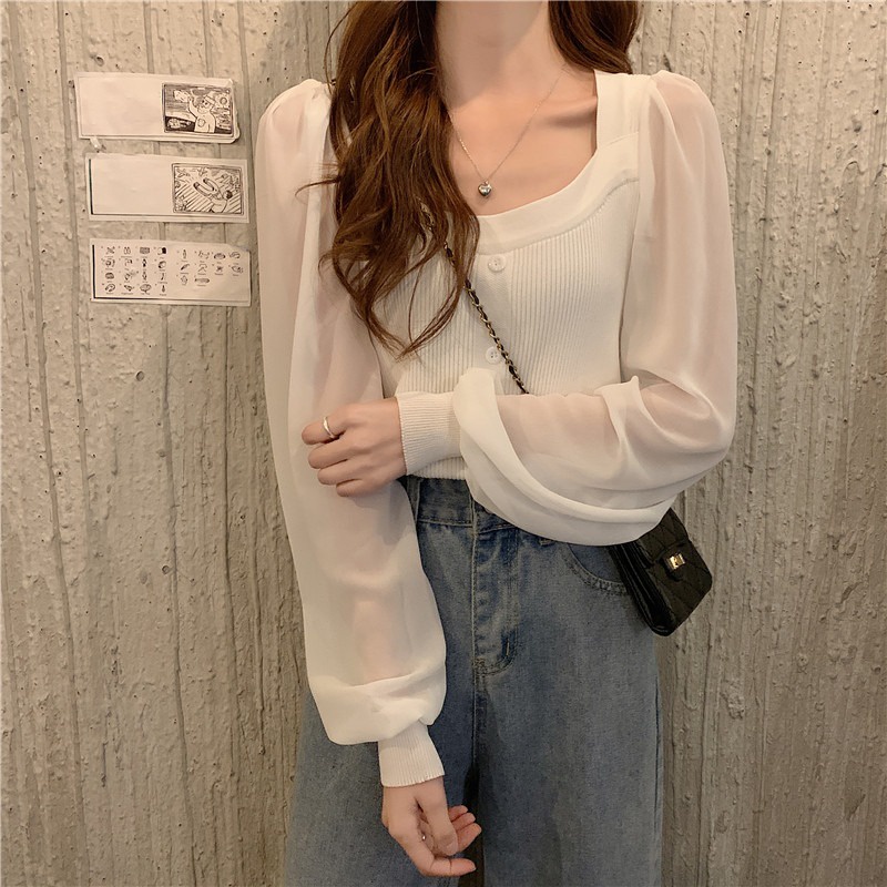 Áo dệt kim SUXI tay dài cổ vuông thiết kế thời trang theo phong cách hàn quốc cho nữ